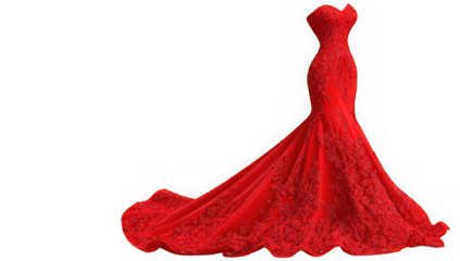 Stunning red lace evening gown on transparent background