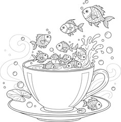 Black-and-white line art teacup filled with floating fish surreal whimsical detailed coloring page illustration fantasy © ArtFlex