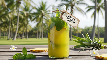 Refreshing Tropical Pineapple Mint Infused Water with Fresh Mint and Pineapple Slices on a Wooden Table Outdoors
