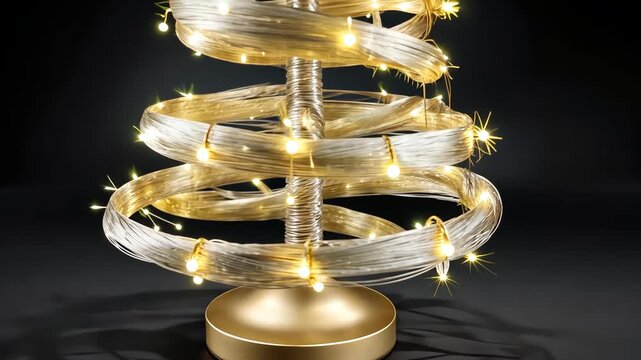 Unique golden Christmas tree decoration for holiday celebrations with lights and spiral design in indoor setting at night