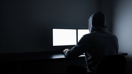 Man in hoodie using two blank monitors in dark room, hacker or programmer working on computer crime, internet security, cybersecurity concept.