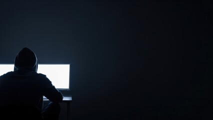 Man in hoodie sitting in front of computer monitor in dark room, hacker or coder at work. Concept of internet crime, cybersecurity, and anonymity.
