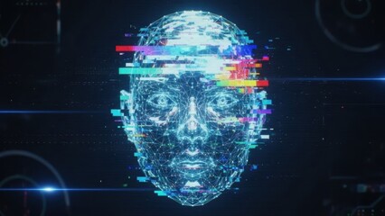 Digital human head with glitch effect. Artificial intelligence and machine learning concept. Abstract network connections representing data processing.