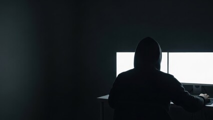 Man in hoodie using computer with two blank white screens at night. Cyber security or hacker concept with copy space.