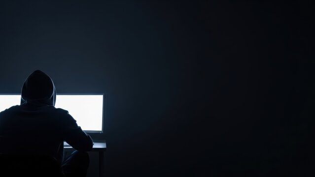Man in hoodie sitting in front of computer monitor in dark room, hacker or coder at work. Concept of internet crime, cybersecurity, and anonymity. - Powered by Adobe