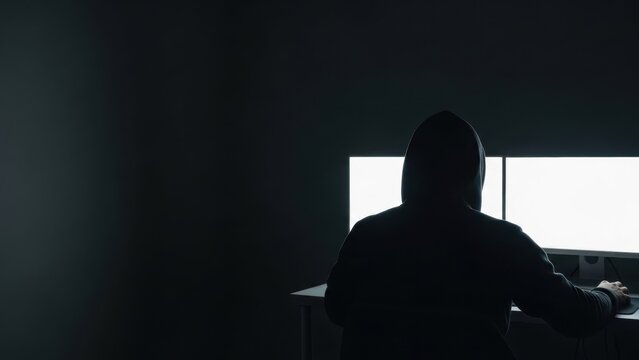 Man in hoodie using computer with two blank white screens at night. Cyber security or hacker concept with copy space. - Powered by Adobe