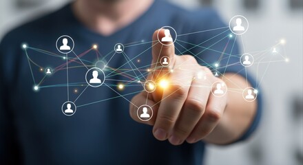 Person Touching Digital Network Connecting People Icons, Illustrating Global Communication, Social Media, and Online Collaboration