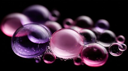 Abstract arrangement featuring transparent, pink, and purple liquid orbs against a stark black background