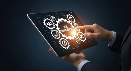 Risk Management on Tablet: Businessman Interacting with Digital Interface for Financial Security and Business Strategy