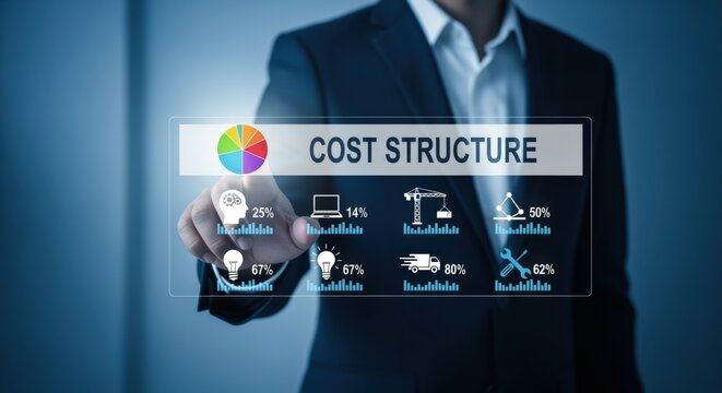 Cost Structure Optimization Illustration: Businessman Analyzing Business Finances on a Virtual Interface Displaying Data Charts - Powered by Adobe