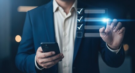 Businessman selecting options on a digital checklist using a smartphone for efficient task management