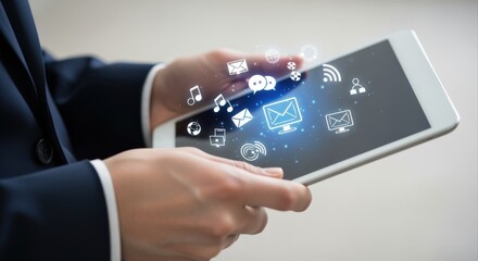Man Holding Tablet with Digital Communication Icons Displayed, Demonstrating Online Connectivity and Modern Business Technology