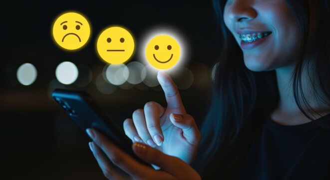 Customer feedback via smartphone: A young woman selects a happy face icon for online satisfaction - Powered by Adobe
