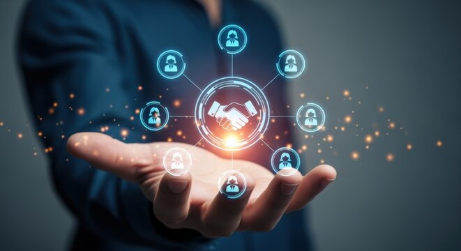 Global Partnership and Networking Concept: Business Handshake Hologram Floating Above Hand, Illustrating Global Connection - Powered by Adobe