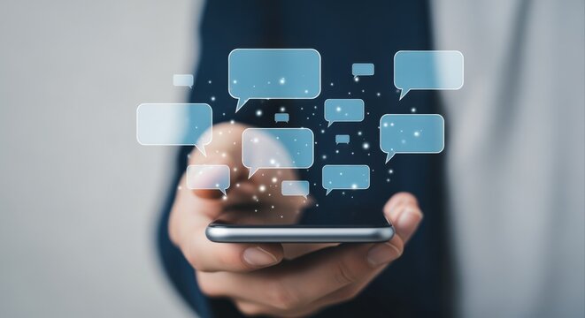 Man Holding Smartphone with Digital Speech Bubbles Displaying Communication and Technology Concepts - Powered by Adobe