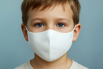 Young child with light hair wearing a white face mask, looking directly at the camera against a blue background. Concept of health and protection.