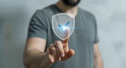 Man Touching Digital Shield Icon: Security Authentication, Data Protection, Cybersecurity Concept, Verification Symbol