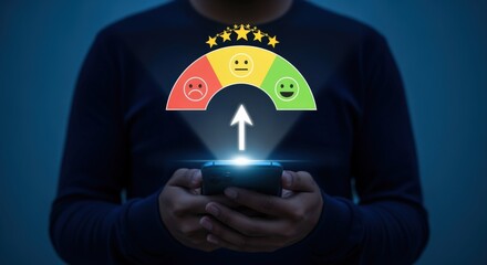 Customer satisfaction meter with faces, positive rating, and feedback on a mobile phone shows happy client