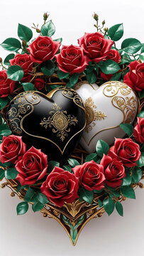 Premium vertical artwork black and white hearts with antique gold detail surrounded by roses on white 3D illustration.