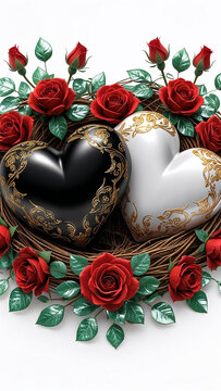 Vertical elegant image of black and white hearts with gold details surrounded by roses centered white 3D.