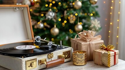 Enjoying music on a record player with gifts and a Christmas tree in the background during a festive gathering