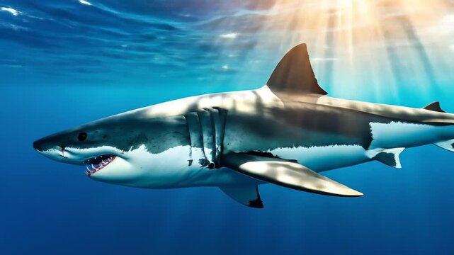 A great white shark swims underwater, illuminated by sunbeams. Its mouth is open