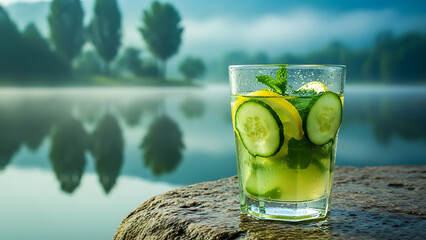 Refreshing detox drink with lemon, cucumber, and mint on a rock by a serene, misty lake, embodying natural wellness and peaceful outdoor moments