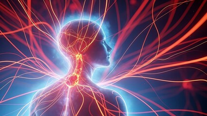 Human silhouette with glowing neural network representing consciousness and energy flow