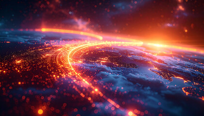 Celestial Network: A stunning visual of planet earth enveloped in a luminous network of light, a visual representation of interconnectedness and technological advancements.