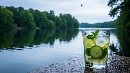 Refreshing summer drink with cucumber, lemon, and mint by a serene lake