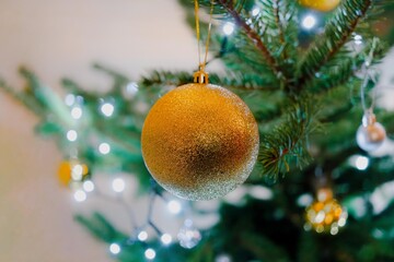 Xmas bauble hanging from a Christmas tree branch in the background.