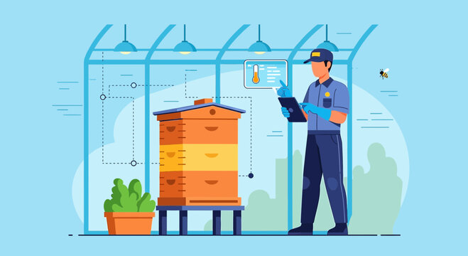 Beekeeper inspecting a modern beehive with digital temperature monitoring system inside a