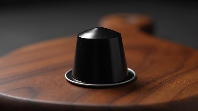 A black, conical capsule with a silver rim rests on a wooden surface, blurred background