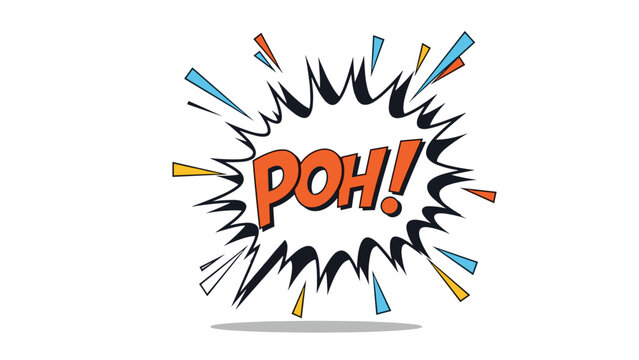 Vibrant comic book speech bubble contains the word POH in bold orange letters, surrounded by sharp black edges and colorful rays.