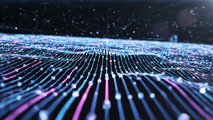 Dynamic abstract visualization of digital data flow across a futuristic network grid illustrating global communication artificial intelligence and big data processing with glowing particles and inter. - Powered by Adobe