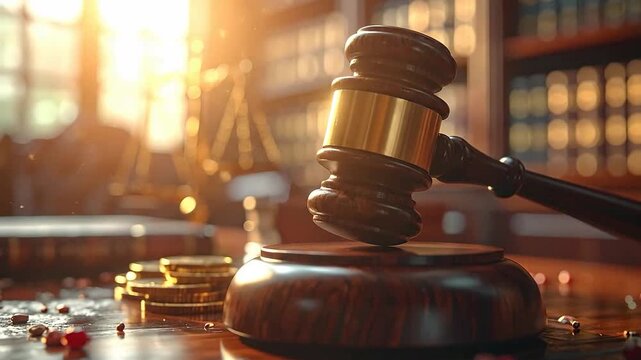Wooden gavel resting on a sounding block, with scales of justice and coins nearby.