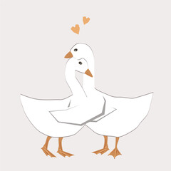 Goose Hugs couple. Cute Hugging birds isolated vector illustration. Greeting Valentine day, wedding or romantic card design element.