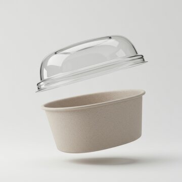 Empty Kraft Paper Bowl with Clear Plastic Lid Floating Against White Backdrop