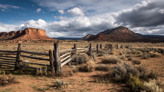 4K Rustic split rail fence in arid landscape with red rock mesa and dramatic cloudy sky video