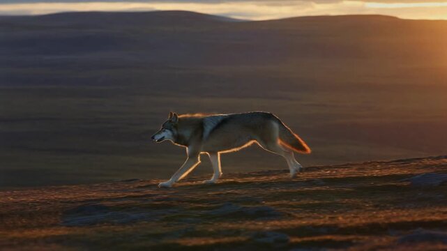 A wolf walks alone across a grassy hillside at sunset with a warm orange glow.