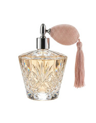 Vintage crystal perfume bottle with pink atomizer bulb. Fragrance spray.