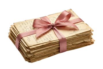 Stack of vintage love letters tied with pink ribbon bow. Romantic correspondence.