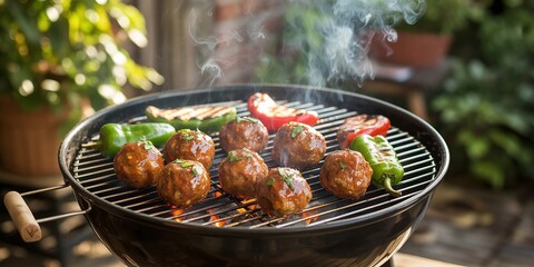 Grilled Meatballs and Peppers on Charcoal Grill in Backyard Setting