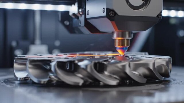 Metal laser cutting machine precisely etching a complex detailed turbine part during manufacturing process