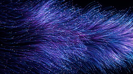 Abstract artistic representation of flowing purple and blue fiber optic light strands representing high speed data transmission internet connectivity and advanced  digital telecommunications