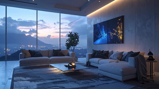 Contemporary living room interior with city view from large windows during twilight.