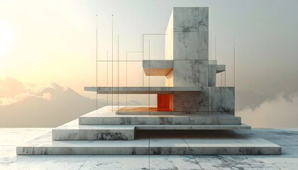 Futuristic concrete structure in barren desert landscape with modern abstract geometric block design