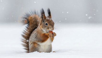 Fototapeta premium Adorable squirrel eating nut in snowy landscape winter scene