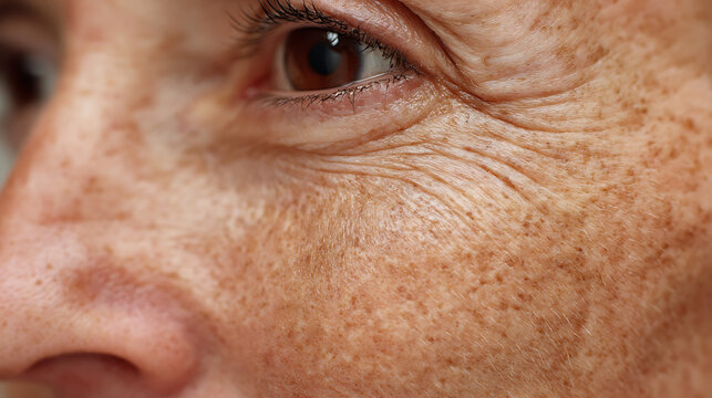 Aged human skin with freckles and wrinkles near the eye detail