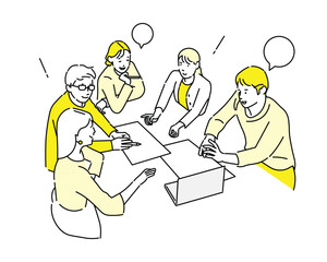 チームで打ち合わせー話し合いをしている男女学生ーブレーンストーミングーベクターイラスト人物素材